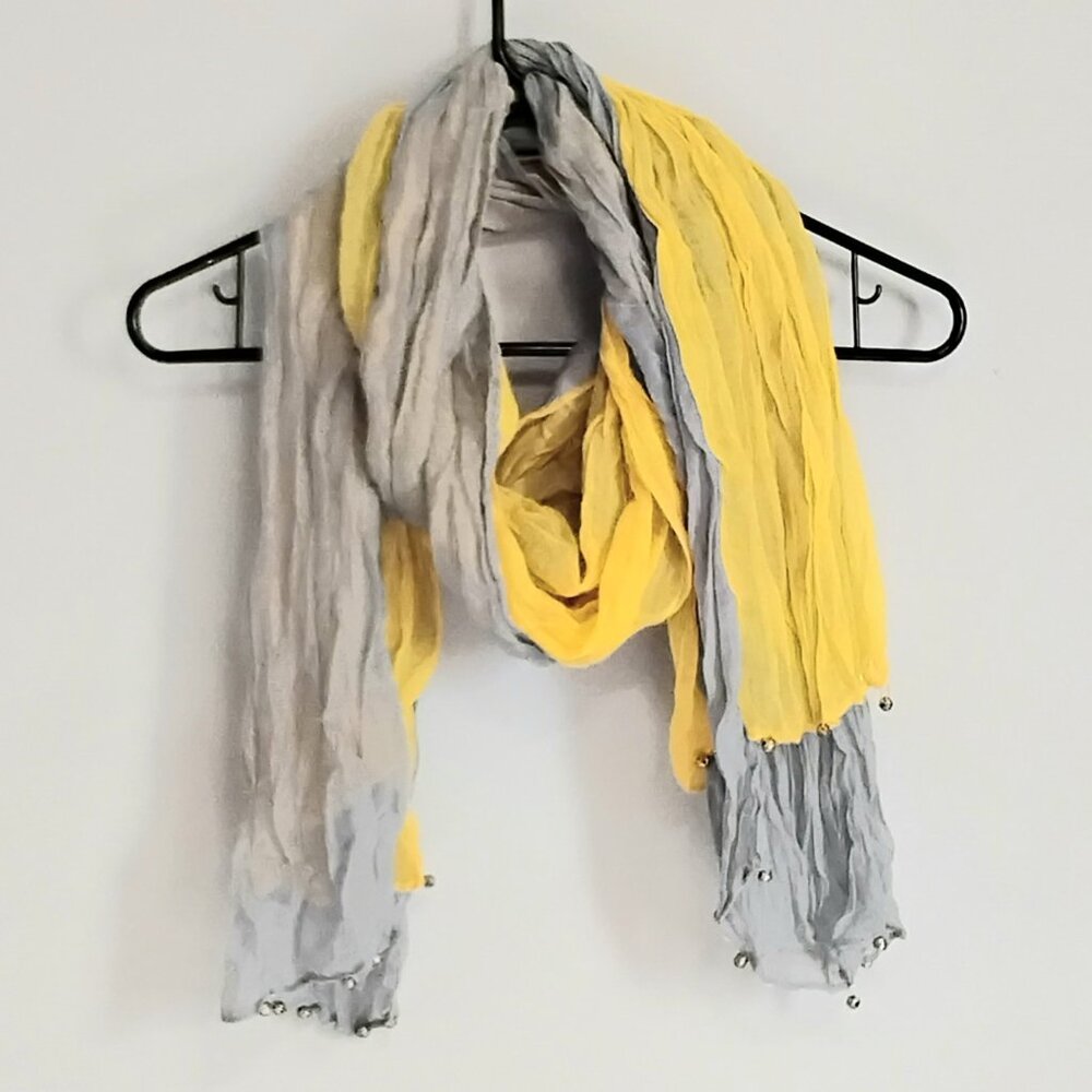 3/$25 Beautiful 72" Yellow & Grey Scarf/Wrap with Gold Ball Accents NWOT!!